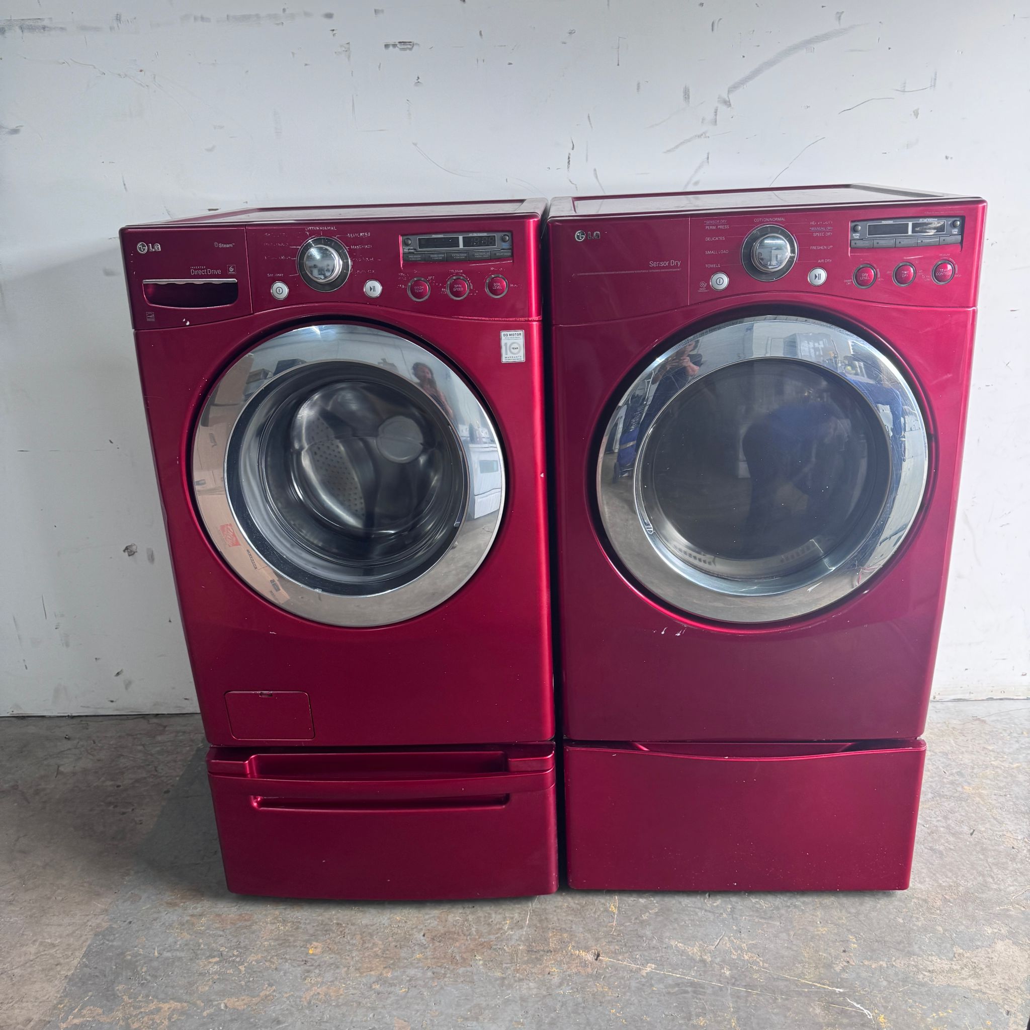 LG Washer and Dryer Front Load with Pedestal Set Red AQS