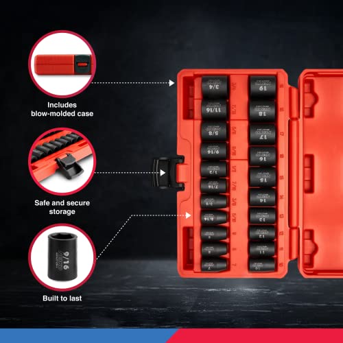 NEIKO 02432A 3/8” Drive SAE and Metric Impact Socket Set, 21 Shallow Pieces, SAE 5/16” to 3/4”, 7mm to 19mm, Premium Cr-V Steel, 6-Point Hex Design, Corrosion Resistant Coating