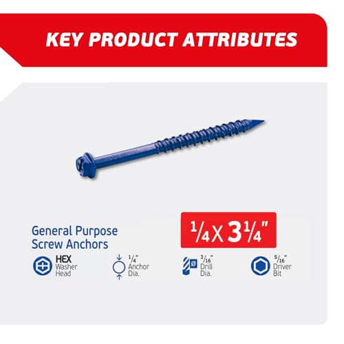 FixMaster 1/4 x 3-1/4" Hex Head Blue Concrete Screw Anchors (100 pcs Screw Kit) with one Screwdriver and Drill Bit for Concrete, Masonry, Block, Brick and Wood Fastening