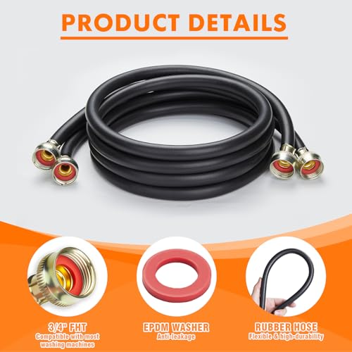 TTFLEX Washing Machine Hoses 6FT Rubber, 3/4" Hot 