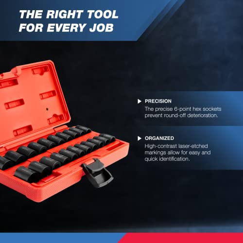NEIKO 02432A 3/8” Drive SAE and Metric Impact Socket Set, 21 Shallow Pieces, SAE 5/16” to 3/4”, 7mm to 19mm, Premium Cr-V Steel, 6-Point Hex Design, Corrosion Resistant Coating