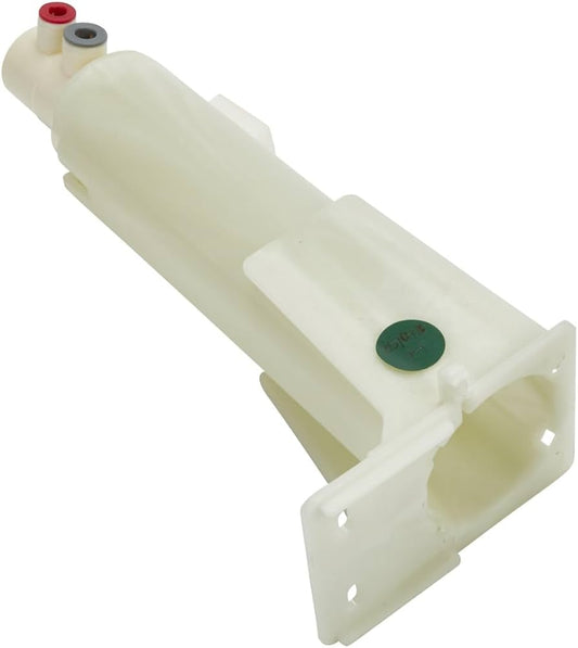 A white water filter housing for a refrigerator, with a green cap on one end and black connectors on the other.