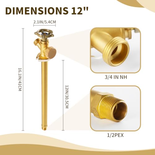 12 Inch Anti-Siphon Frost Free Sillcock Valve Multiturn 1/2 Inch NPT, 3/4 Inch Hose Bibb, Brass Body,Brass Valve 12 inch Length