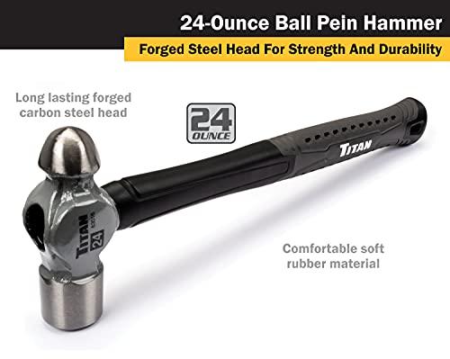 Titan 63016 24oz Ball Pein Hammer, Forged Steel Head, 13.5" Shock Absorbing Fiberglass Handle with Textured Rubber Grip