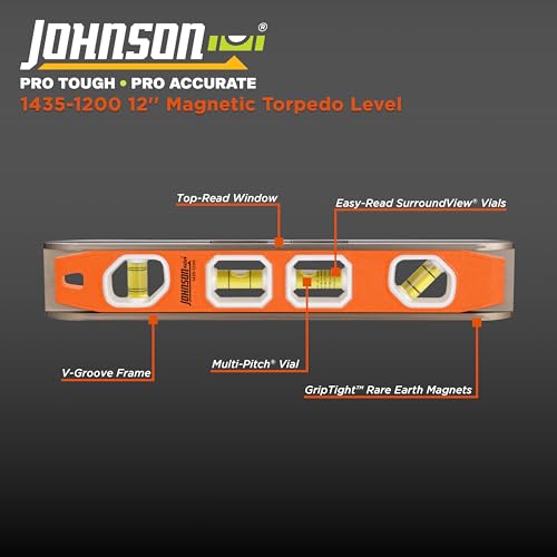 Johnson Level & Tool 1435-1200 Magnetic Torpedo Level, 12", Orange, 1 Level