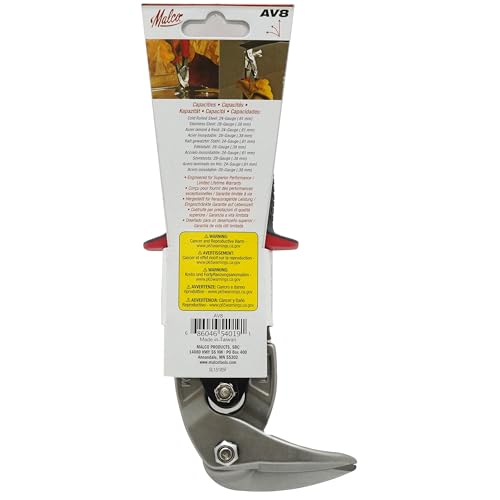 Malco AV8 Left Cutting Vertical Aviation Snips, 90-Degree Forged Steel Jaws for Overhead & Tight Spaces, Cuts 24-Gauge Steel & 28-Gauge Stainless, Red Non-Slip Cushion Grips