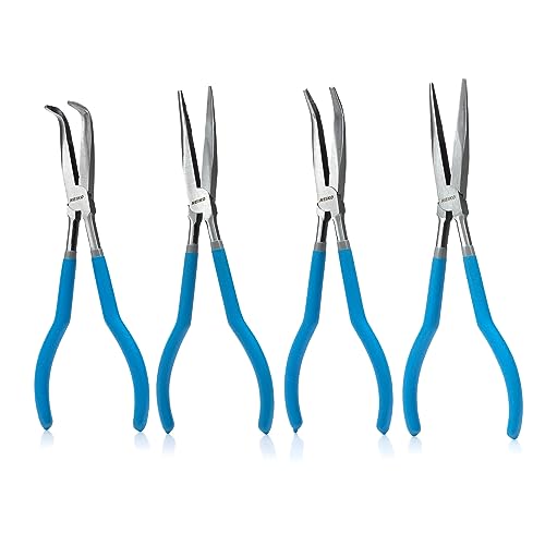NEIKO 02105A (4) Long Nose Plier 11” Long Reach, Straight, Angle, Curved Pliers, 45 & 90 Degree, bent Head Needle Nose Pliers Set for Mechanics, Long Handle Pliers