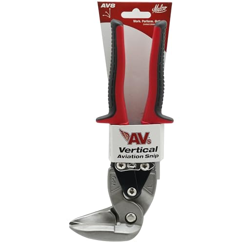 Malco AV8 Left Cutting Vertical Aviation Snips, 90-Degree Forged Steel Jaws for Overhead & Tight Spaces, Cuts 24-Gauge Steel & 28-Gauge Stainless, Red Non-Slip Cushion Grips