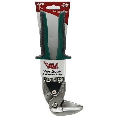 Malco AV9 Vertical Aviation Snip – RIGHT Cut - Green Grip, 90° Upright Jaws for Tight Spaces & Overhead, 24-Gauge Steel & 28-Gauge Stainless, Serrated Upper Jaw, Forged Steel, HVAC & Roofing