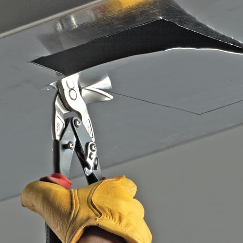 Malco AV8 Left Cutting Vertical Aviation Snips, 90-Degree Forged Steel Jaws for Overhead & Tight Spaces, Cuts 24-Gauge Steel & 28-Gauge Stainless, Red Non-Slip Cushion Grips