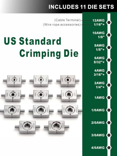 Growlush Hydraulic Cable Crimping Tool, Battery Cable Terminal Crimper 12 AWG–4/0 AWG, US Standard AWG Dies, 10-Ton Hydraulic Copper Cable Lugs Crimper for US Standard Cable 12 ga-4/0 ga