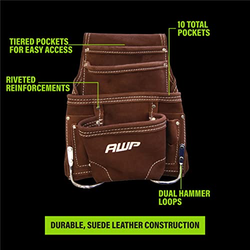 AWP Multi-Pocket Electrician Tool Belt Pouch, 1 Bag with 10 Pockets, Brown