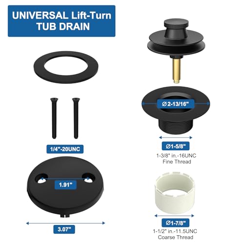 Fibetter Black Tub Drain Lift and Turn Trim Set with 2-Hole Overflow Cover, Bath Tub Drain Kit Bathtub Overflow and Drains Stopper Replacement, Matte Black
