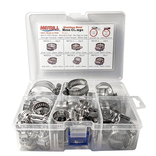 Merrill MFG Hose Clamp Assortment Kit- 49 Pieces Stainless Steel Hose Clamp Adjustable, Worm Gear Metal Fuel Line Clamp for Plumbing, Automotive And Mechanical Applications