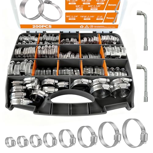 DREXON 200PCS Stainless Steel Hose Clamp Assortment Kit, 8 Sizes, 1/4"-2"