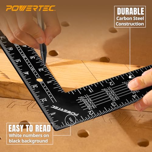 POWERTEC Carpenter Square Set, 16"x24" Framing Square w/Rafter Tables (1PK) & 8"x12" Square Ruler with Imperial & Metric Graduations (1PK) for Woodworking, Construction, Arts & Crafts (80037)