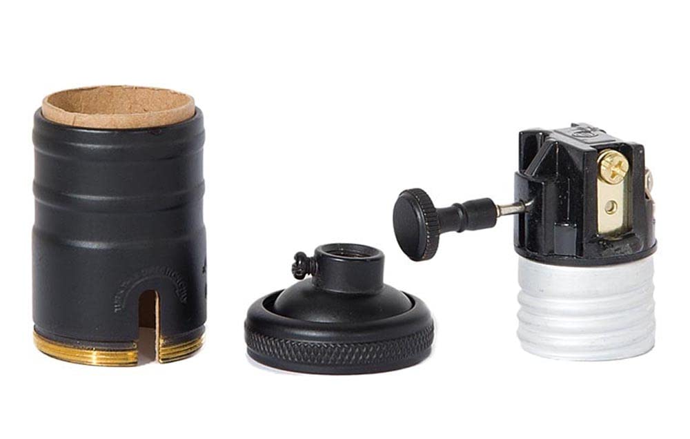 B&P Lamp® Heavy Turned Brass Socket with Brass Knob, Polished and Lacquered Finish, 3-Way Function, No Uno Thread