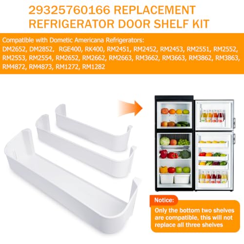 Genukraft 29325760166 RV Fridge Door Shelf Replacement Kit, Fit for Dometic DM2652 DM2852 RM Series Fridges 3 Pack White Freezer Upper Bottom Door Bin Snap-In Food Grade Replacement
