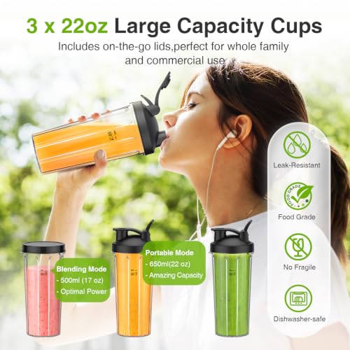 KOIOS BL319B 22OZ Blender Cup Replacement with Black To-go Lid