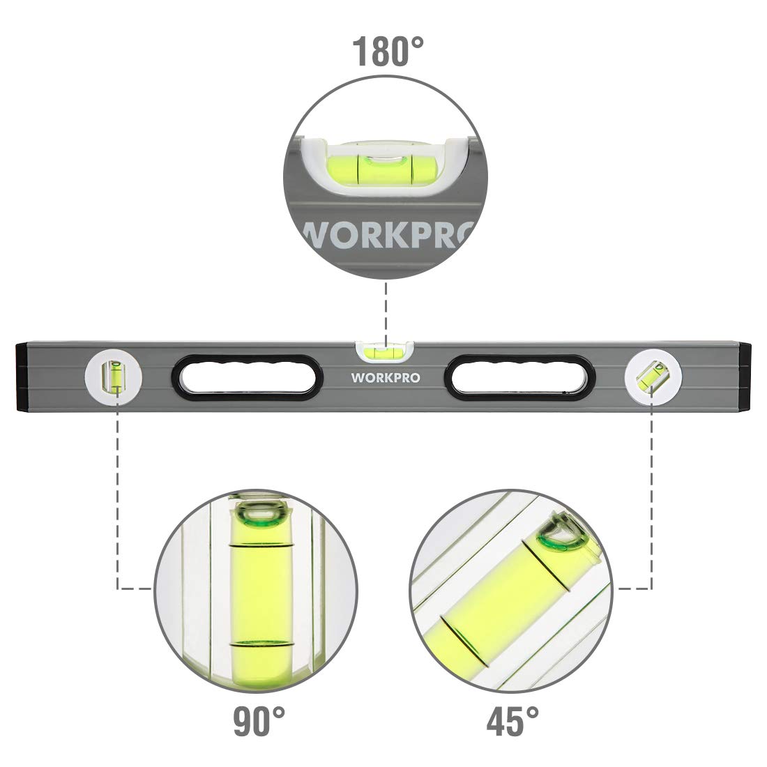 WORKPRO Torpedo Level, 3-Piece Spirit Level Set, 9"(Magnetic), 16", 24", Bubbles Measuring