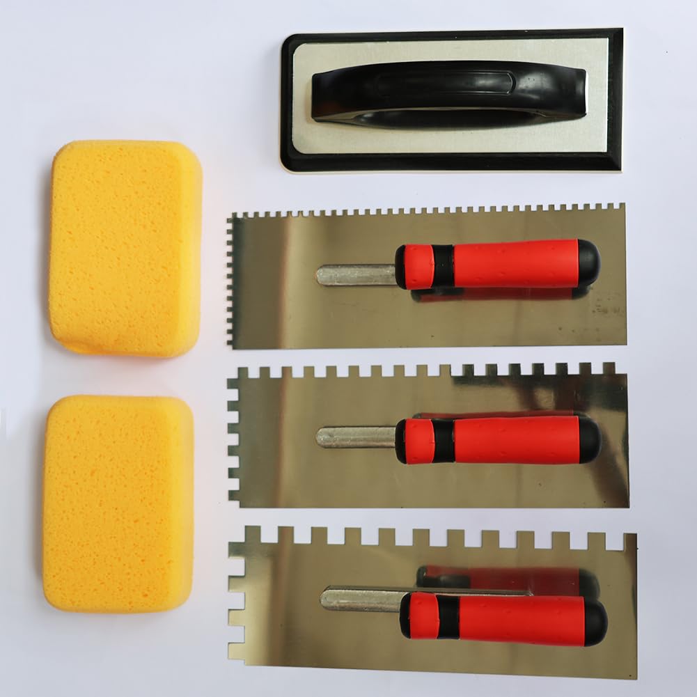 6 Pack Tile Tools Set, Stainless Steel Square Notch Trowel Set; Rubber Grout Float ; Grout Float Sponge for Mortar Tiling Installation Grouting