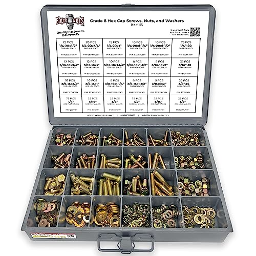 Grade 8 Hex Cap Bolts Screws, Nuts, Washers, Lock Washers Assortment Kit - 574 Pieces!
