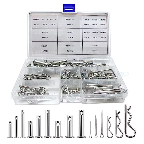 Boatsea 122Pcs Cotter Pin Hair Pin Clevis Pin Assortment Kit,R Clips Retaining Hair Pins Assortment, Including Single Hole Clevis Pin&Split Cotter Pin&R Clip Hitch Pin for Trailer Latch, Zinc-Plated