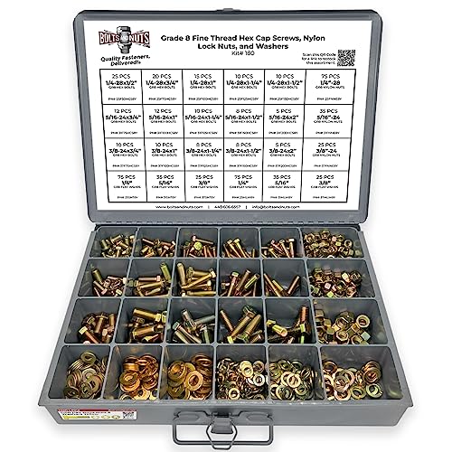 Grade 8 FINE Thread Hex Cap Bolts Screws, Nylon Nylok Lock Nuts, Washers, Lock Washers Assortment Kit - 574 Pieces!