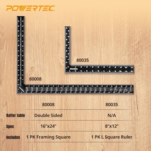 POWERTEC Carpenter Square Set, 16"x24" Framing Square w/Rafter Tables (1PK) & 8"x12" Square Ruler with Imperial & Metric Graduations (1PK) for Woodworking, Construction, Arts & Crafts (80037)