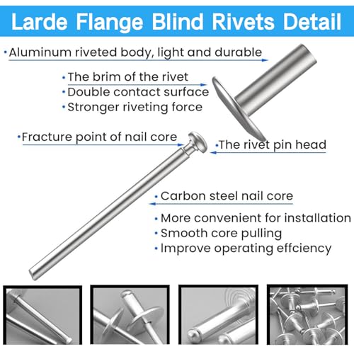 LAZIRO215PCS Pop Rivets Assortment Kit, Large Flange Aluminum Rivets(1/8" 5/32" 3/16") Assorted Blind Rivets with Case(Silver) (Rivets Assortment Kit)