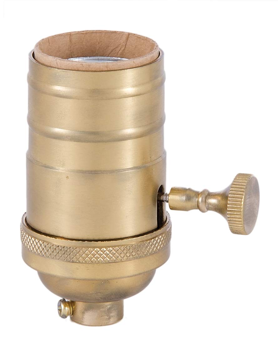 B&P Lamp® Heavy Turned Brass Socket with Brass Knob, Polished and Lacquered Finish, 3-Way Function, No Uno Thread