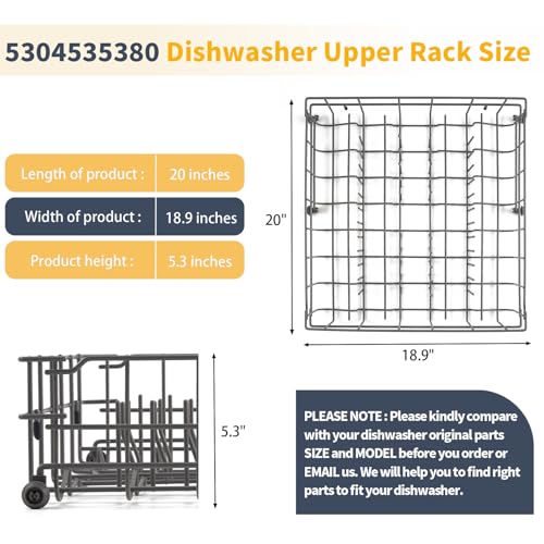 Upgraded 5304535380 Dishwasher Upper Rack Replacement for Frigidaire Kenmore Crosley Dishwasher Parts Upper Dishrack Assembly FBD2400KB12B FFBD2406NS9B Dishwasher Upper Shelf top Rack Drawer Wheels