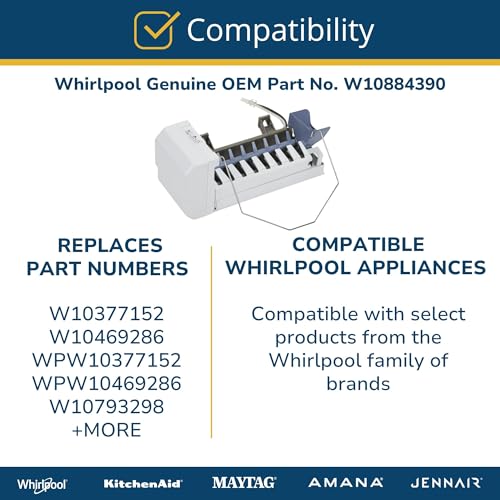 Whirlpool W10884390 Genuine OEM Refrigerator Ice Maker Assembly Replacement Part - Replaces W10377152, W10469286, WPW10377152, WPW10469286 and W10793298