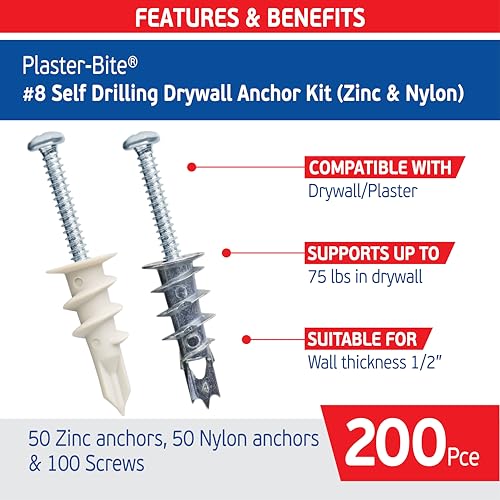Self-Drilling Drywall Anchor Kit Includes 50 Nylon & 50 Zinc Anchors w/ 100 Drywall Screws – Heavy Duty Hollow Wall Anchors for Drywall, 3/8", 1/2", 5/8" – 75 lbs Holding Strength - Carrying Case