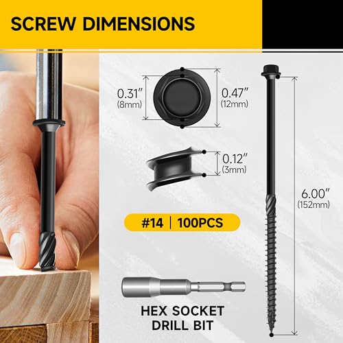100Pcs 6 Inch Wood Screws, #14 x 6 Heavy Duty Outdoor Wood Screws Assortment Kit Deck Screws, Long Screws Black Timber Screws Lag Bolts, Hex Socket Head Log Landscaping Black Screws By Mywish