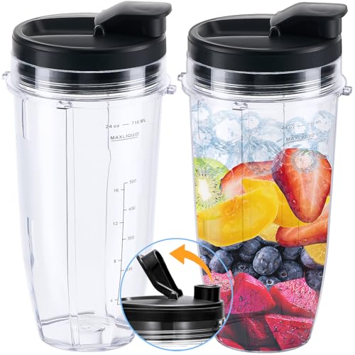 Replacement 24oz Blender Cup with Sip & Seal Lid For Nutri Ninja BL450 BL456 BL480 BL482 BL640 BL642 BL682 BN751 BN801 Foodi SS101 SS151 SS351 SS401 Ninja Blender Auto IQ Blade, 2-Pack …