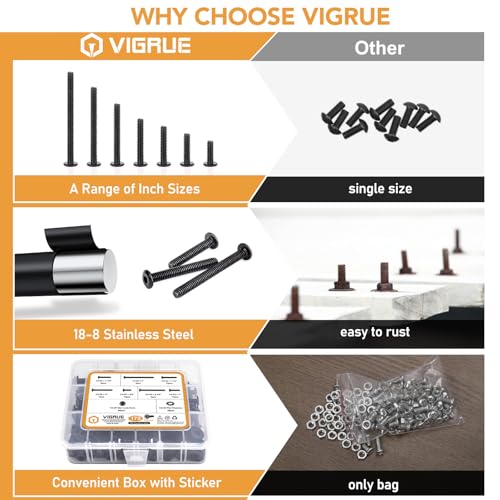 VIGRUE 175PCS 1/4-20 Flat Socket Head Screw Assortment Furniture Bolts Countersunk Screws Lock Nuts Kit, Stainless Steel 18-8 (304), Black Oxide, Length 3/4" to 3"
