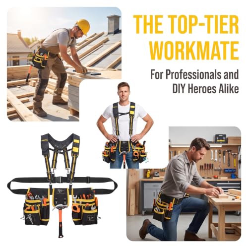 Tool Belt with Suspenders, 27-Pockets Heavy Duty Tool Belts for Men