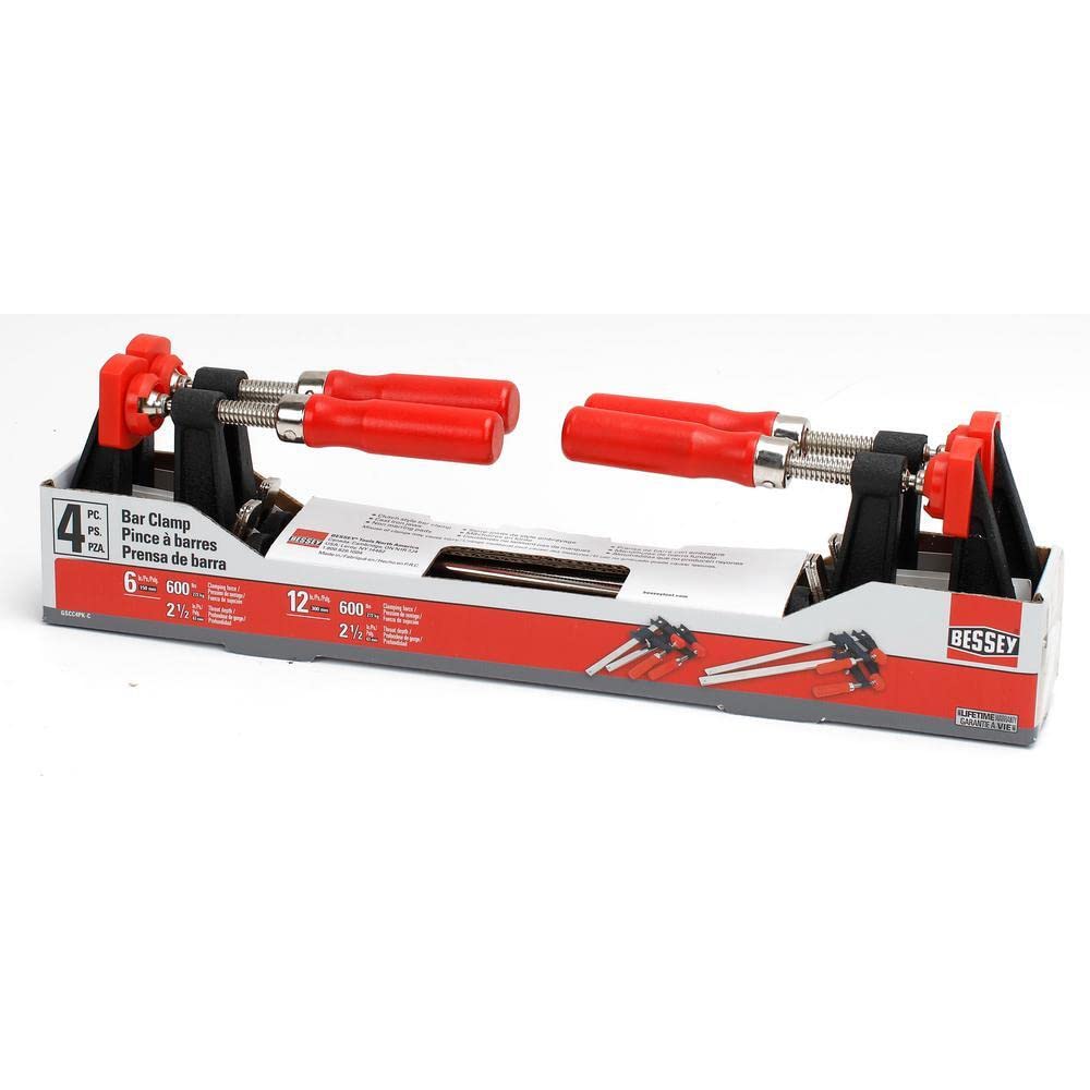 BESSEY GSCC4PK-C Clamp Set for Woodworking, F-style with Wood Handle, Replaceable Pads, 2 x 6 In and 2 x 12 In, 600 lb, Red/Black/Silver