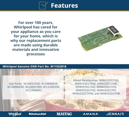 Whirlpool W11552018 Genuine OEM Microwave Electronic Control Board Replacement Part - Replaces W10831030, W11106356, W10849829, W10886650, W10892389, and W11544451