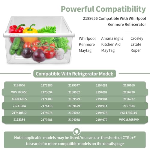 2188656 Crisper Bin, compatible with Whirlpool Refrigerator,Fridge Drawers,Kenmore Refrigerator Parts,Whirlpool Shelf Replacement- WP2188656,2188656 Fridge Crisper Drawer (Upper)