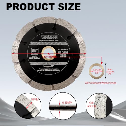 DT-DIATOOL Sandwich Tuck Point Blade - 4-1/2 Inch Mortar Raking Crack Chaser Dual Diamond Blade 7/8"-5/8" Arbor for Mortar Removal,Grout Concrete Asphalt Surfaces Repair,Masonry Brick Stone Cutting