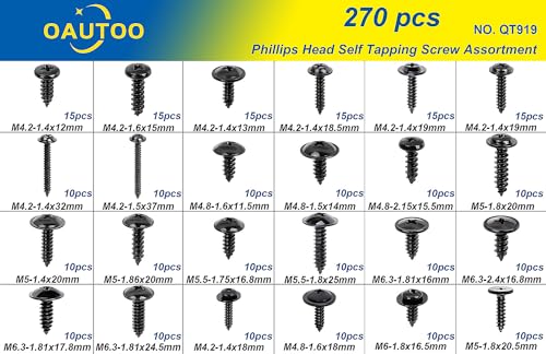 OAUTOO 270pcs Automotive Body Screw Phillips Head Self Tapping Screw Washer Head Screws Assortment Kit #8#10#12#14