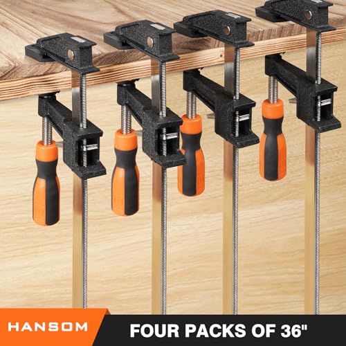HANSOM 4-Pack 36 inch Bar Clamps,Long Wood Clamps Heavy Duty Force 600 Lbs Adjustable and Release Quickly,Woodworking Clamps Throat Depth 2.5 inch with Plastic Handle