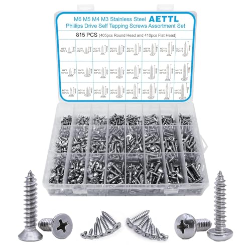 M6 M5 M4 M3 Wood Screws Assortment Kit,815pcs Metric Stainless Steel Assorted Self Tapping Screws Set Truss Flat Pan Head Phillips Drive Drilling for Deck Drywall Concrete Sheet Metal