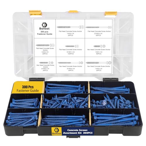 Bonost 300-Piece Concrete Screws Assortment Kit, 1/4 & 3/16 in, 8 Sizes
