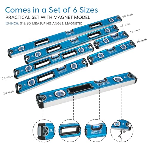 GAOLLY 6-Piece Spirit Level Set (12", 16", 20", 24", 32", 40"), Level Set with Magnetic Torpedo, 45°/90°/180°Bubbles Measuring, Aluminium Alloy Levels, Open Top View Design