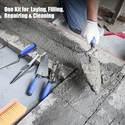 Konvixon 6PCS Masonry Hand Tools Set, 11"x5-1/2" Philadelphia Brick Trowel, 5.9"x3.4" Gauging trowel, 5-1/2"x2-7/8" Pointing Trowel, 10"x 5/8" Convex Brick Jointer, Tuck Pointing Trowel, Masonry Brush