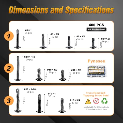 Pynsseu 400PCS #8#10 Self Tapping Screws Set for Metal,410 Stainless Steel