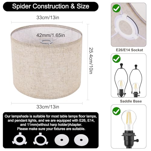 Beige Lamp Shade, Large Drum Lampshade 13''Top X 13'' Bottom X 10'' High, Replacement Lamp Shade Natural Linen Hand Crafted for Table Lamps Floor Lamps Chandelier Lamp, Easy Assembly Required